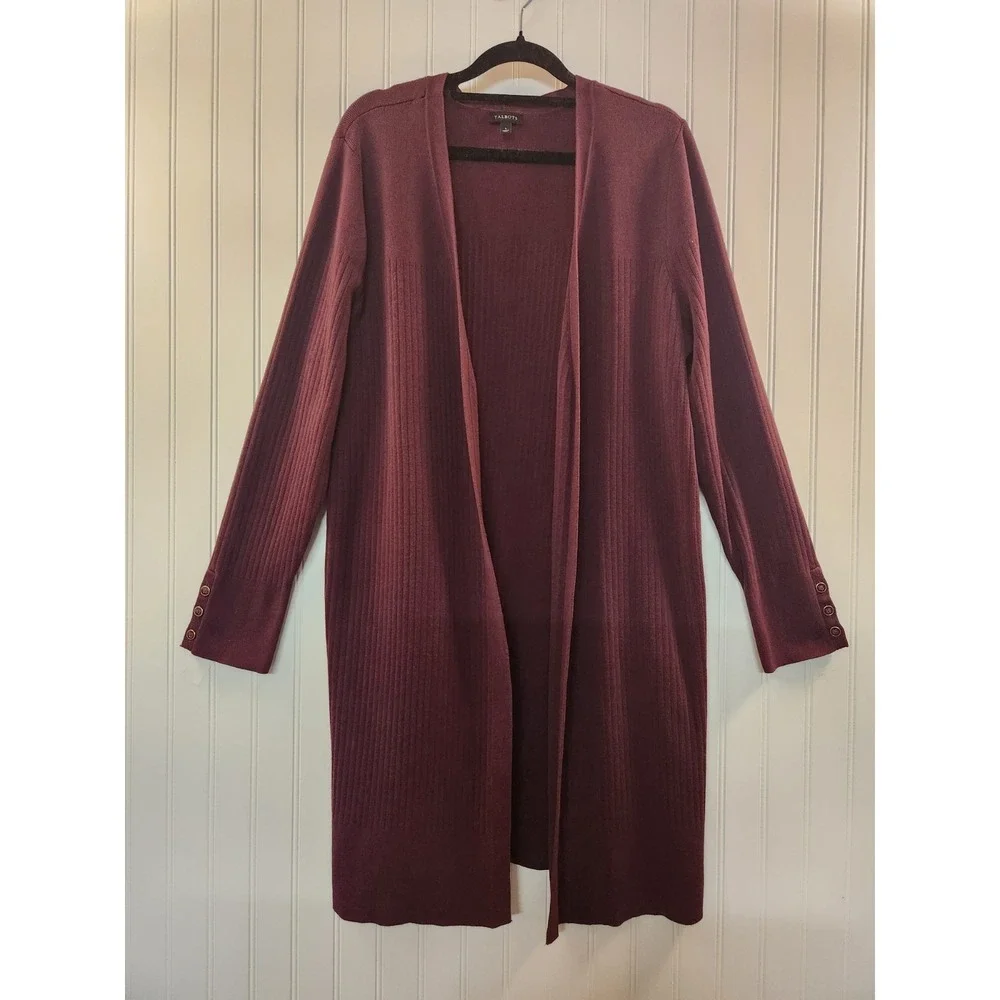 Talbots Women's Burgundy Open Knit‎ Long Cardigan Sweater Size L Preppy Career